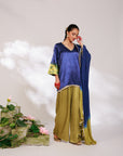 Samara Suit Set - Indigo and Bright Green Mashru Silk Suit Set with Dupatta