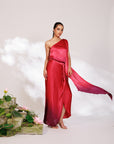 Sora Dress - Red Plum Ombre Draped Golden Silk Skirt Set