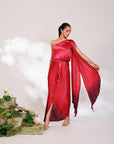 Sora Dress - Red Plum Ombre Draped Golden Silk Skirt Set