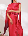 Sora Dress - Red Plum Ombre Draped Golden Silk Skirt Set