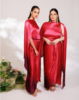 Sora Dress - Red Plum Ombre Draped Golden Silk Skirt Set
