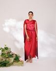 Sora Dress - Red Plum Ombre Draped Golden Silk Skirt Set