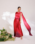 Sora Dress - Red Plum Ombre Draped Golden Silk Skirt Set