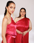 Sora Dress - Red Plum Ombre Draped Golden Silk Skirt Set