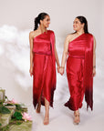 Sora Dress - Red Plum Ombre Draped Golden Silk Skirt Set