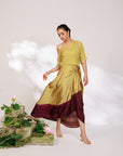 Sanjh Skirt Set - Olive Green Sheer Top and Draped Skirt Set
