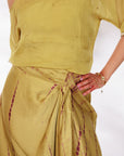 Sanjh Skirt Set - Olive Green Sheer Top and Draped Skirt Set