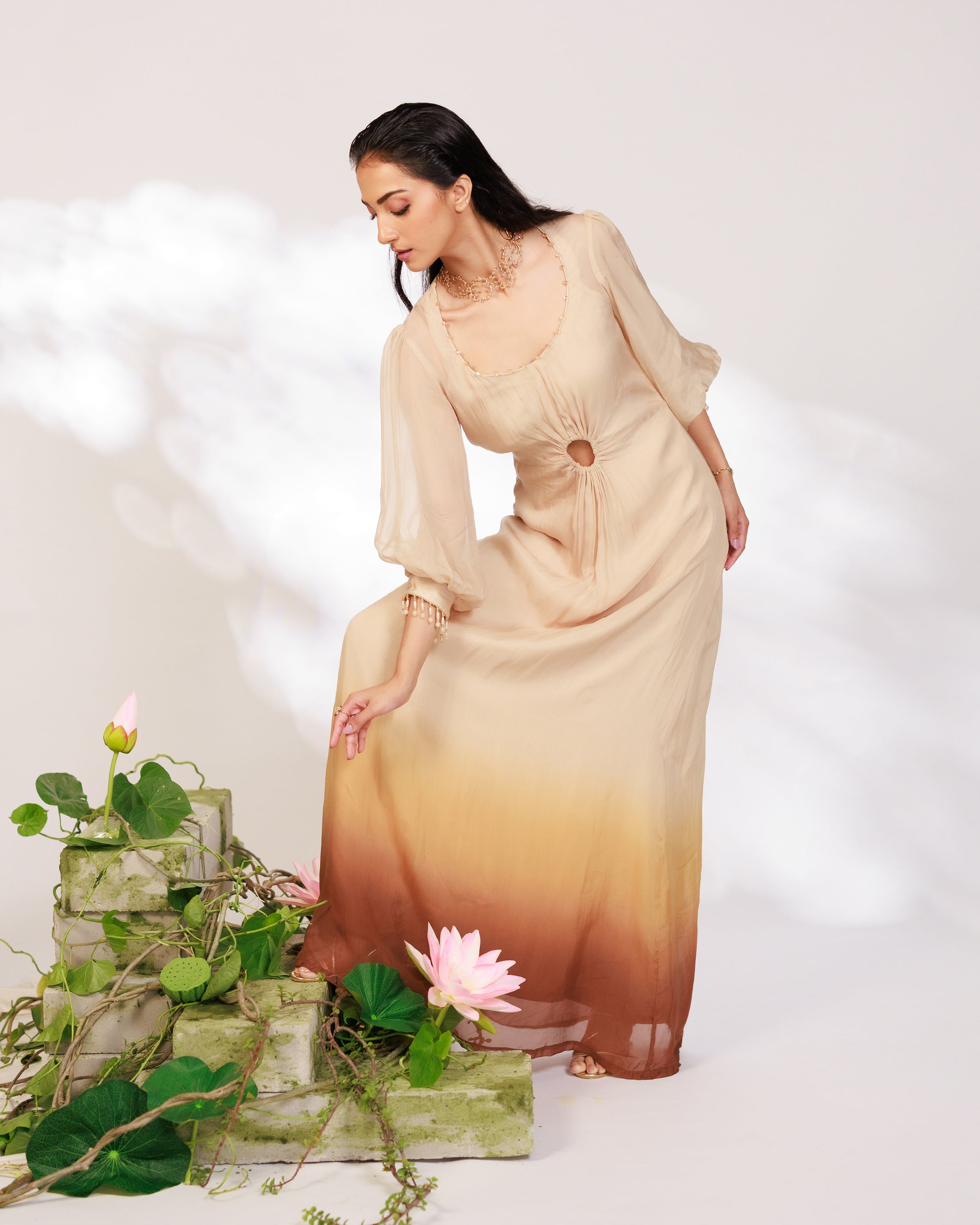 Nyara Dress - Champagne Hand Dip-Dyed Organza Dress