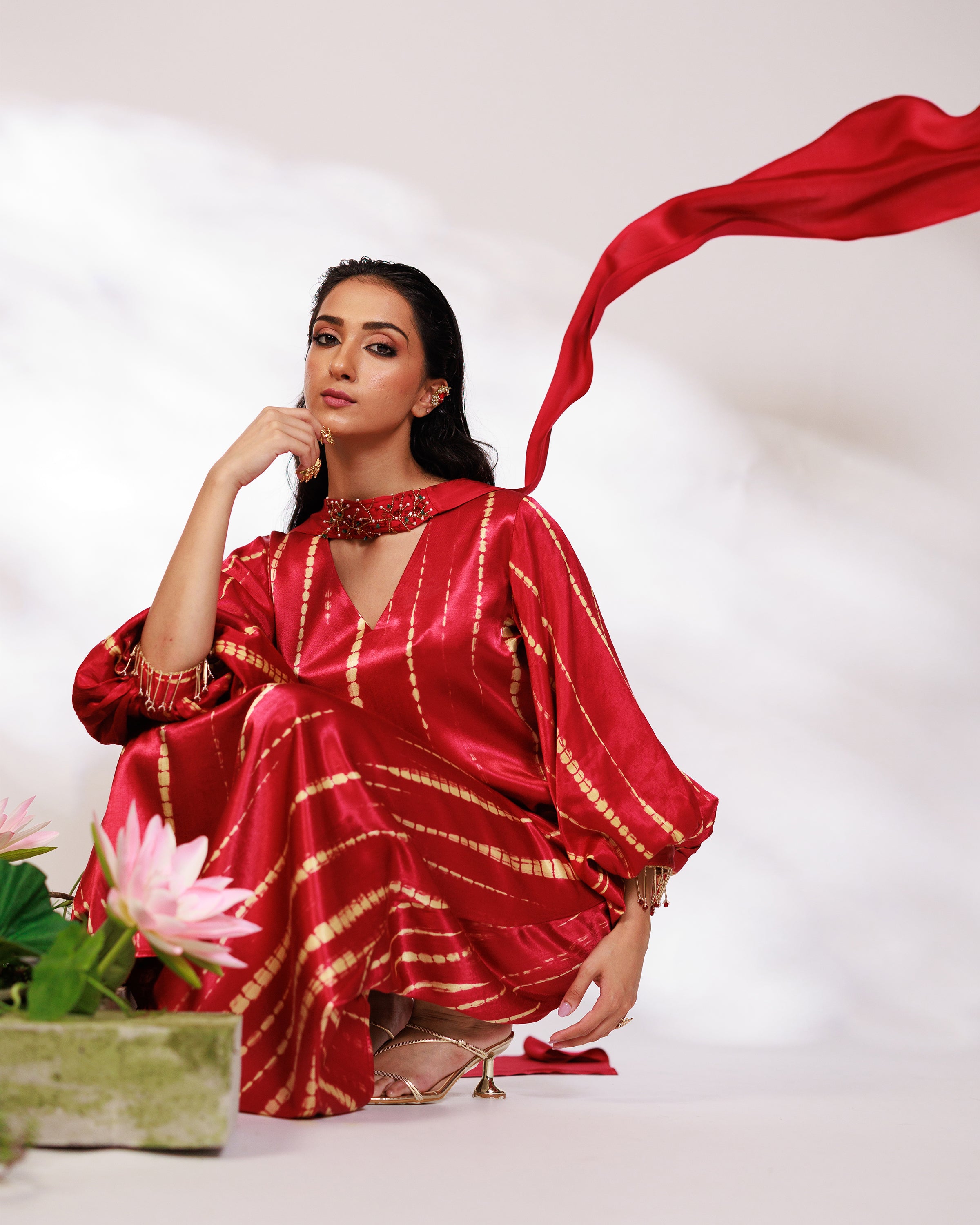 Aria Dress - Radiant Red Mashru Silk Kaftan Dress