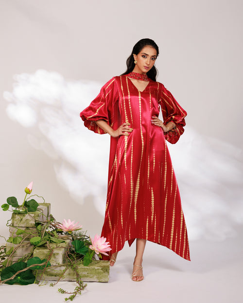 Aria Dress - Radiant Red Mashru Silk Kaftan Dress