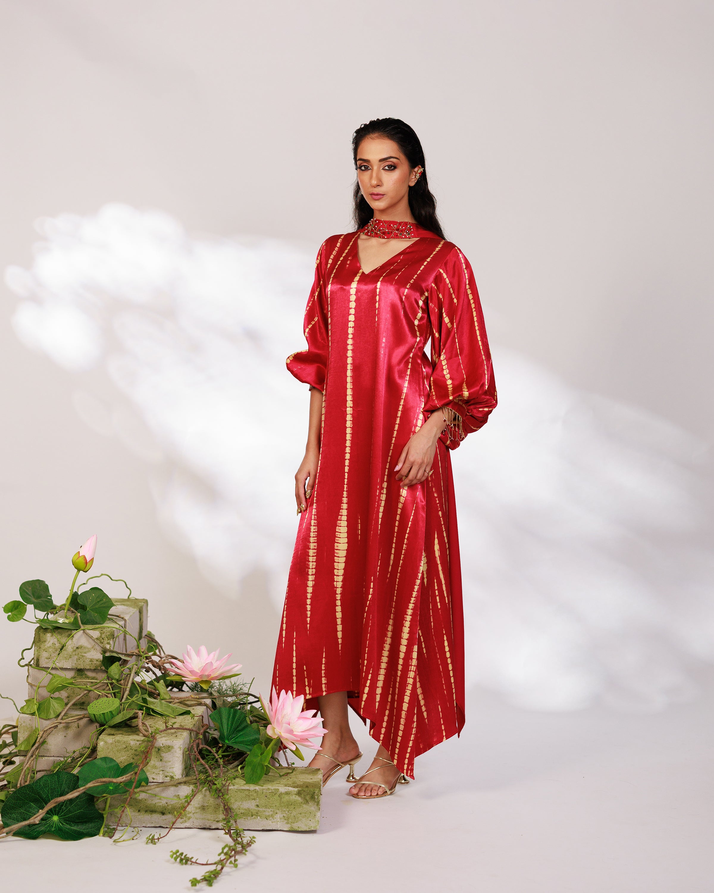 Aria Dress - Radiant Red Mashru Silk Kaftan Dress