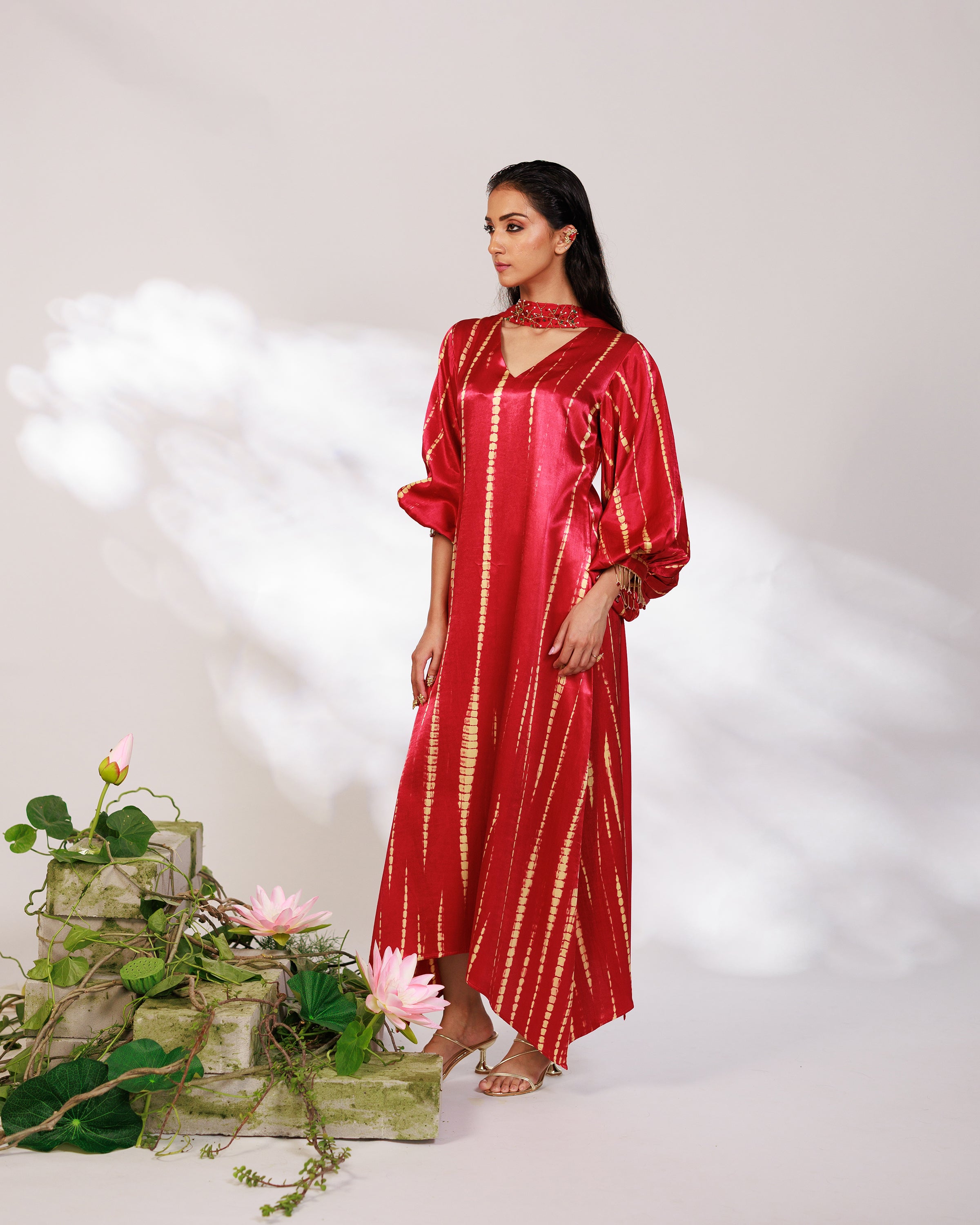 Aria Dress - Radiant Red Mashru Silk Kaftan Dress