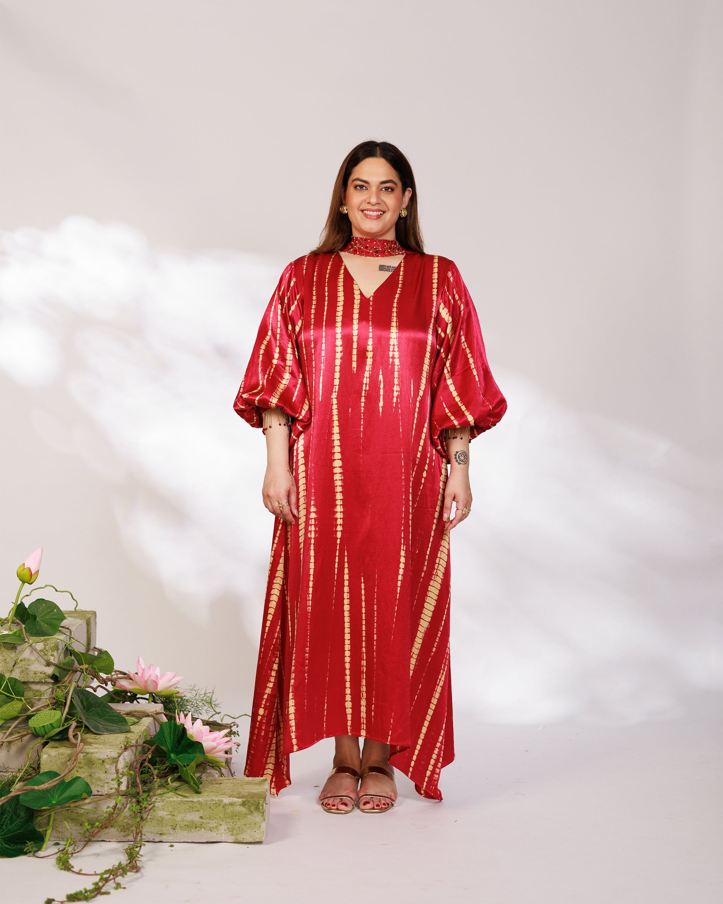 Aria Dress - Radiant Red Mashru Silk Kaftan Dress