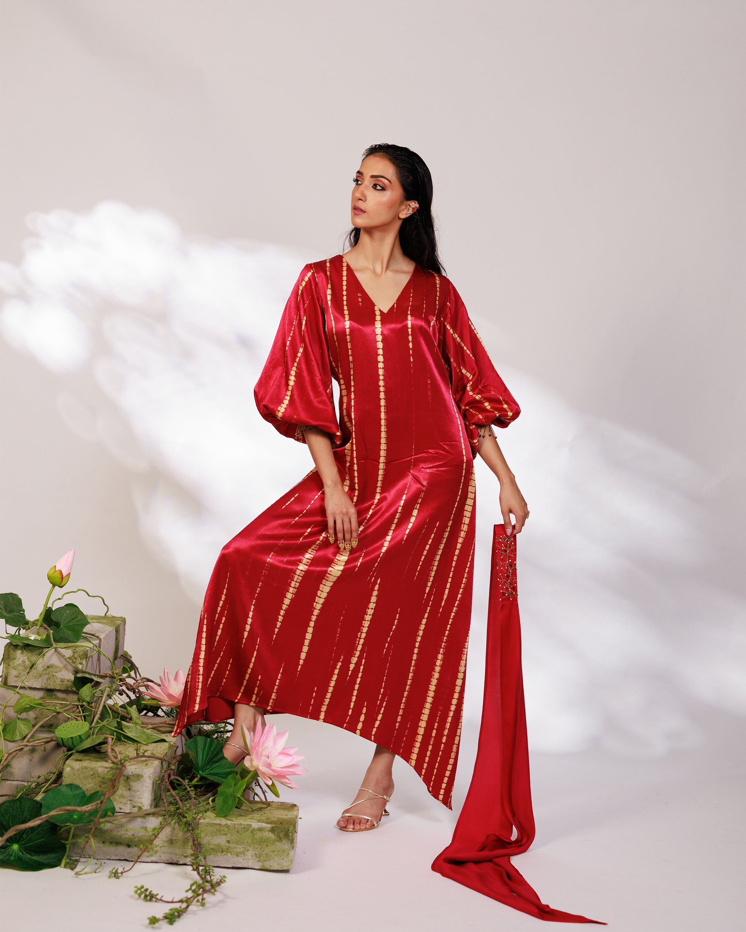 Aria Dress - Radiant Red Mashru Silk Kaftan Dress