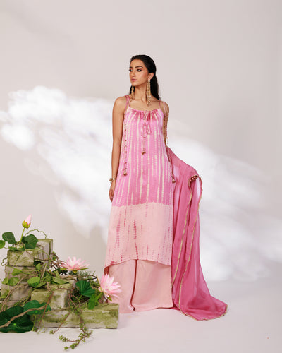 Reya Suit Set - Blush Pink Wine Ombre Tie Up Suit Set with Dupatta