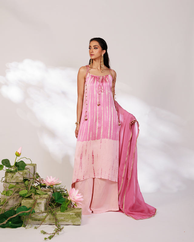 Reya Suit Set - Blush Pink Wine Ombre Tie Up Suit Set with Dupatta