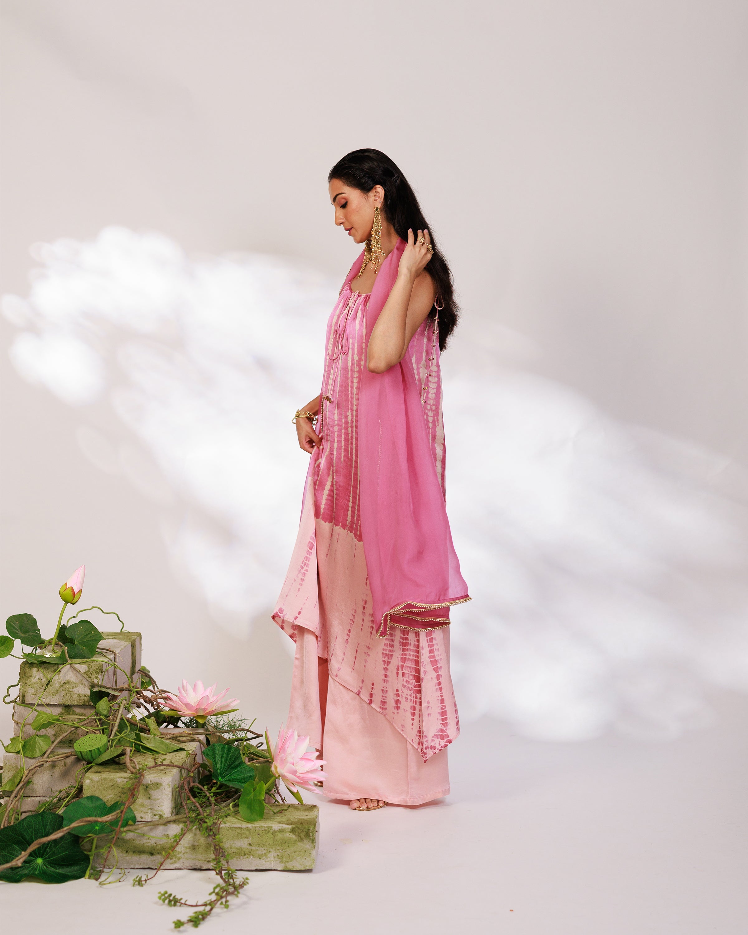 Reya Suit Set - Blush Pink Wine Ombre Tie Up Suit Set with Dupatta