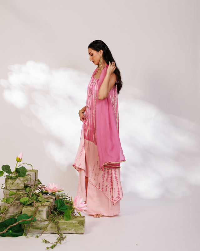Reya Suit Set - Blush Pink Wine Ombre Tie Up Suit Set with Dupatta