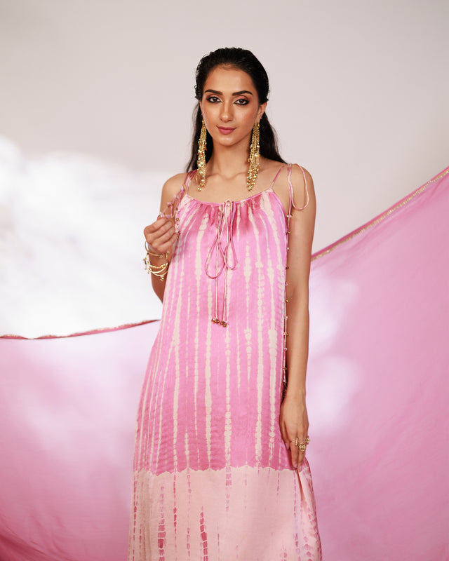 Reya Suit Set - Blush Pink Wine Ombre Tie Up Suit Set with Dupatta