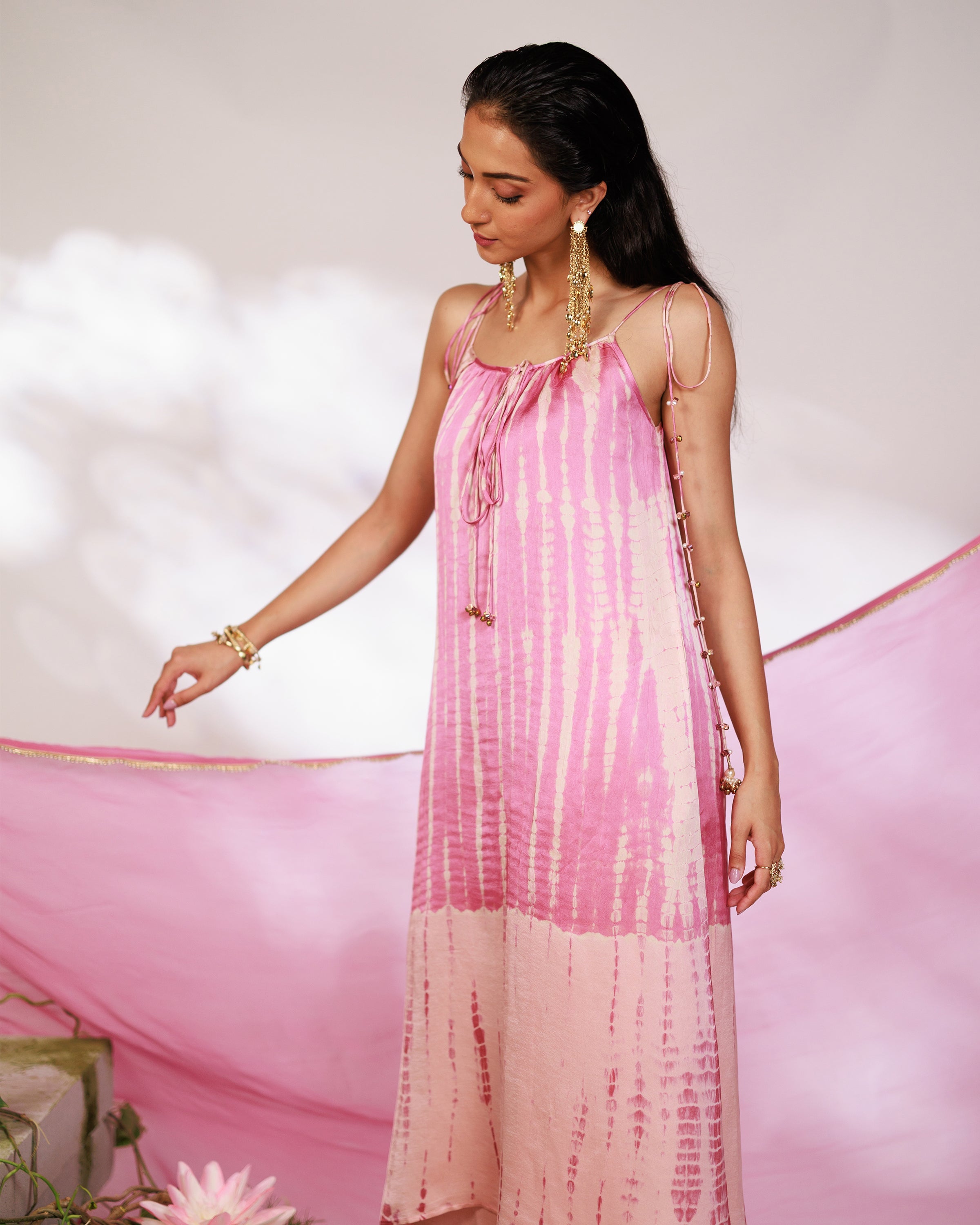 Reya Suit Set - Blush Pink Wine Ombre Tie Up Suit Set with Dupatta