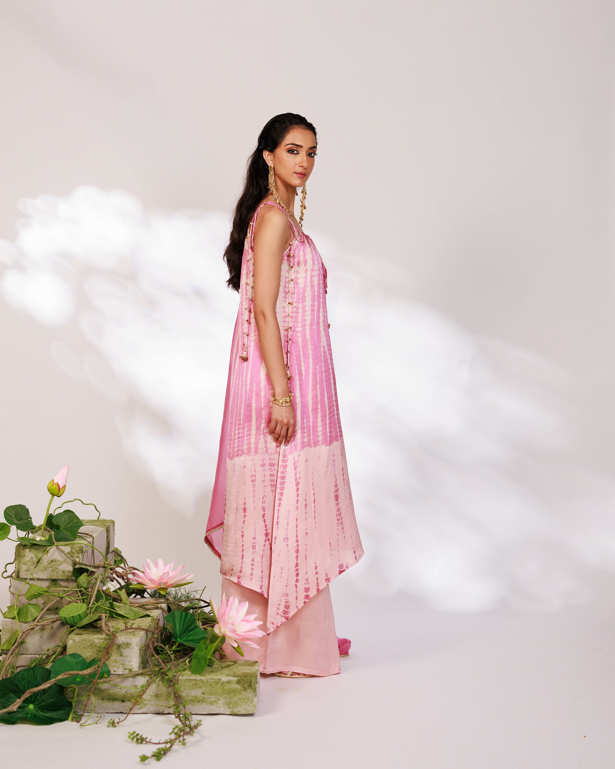 Reya Suit Set - Blush Pink Wine Ombre Tie Up Suit Set with Dupatta