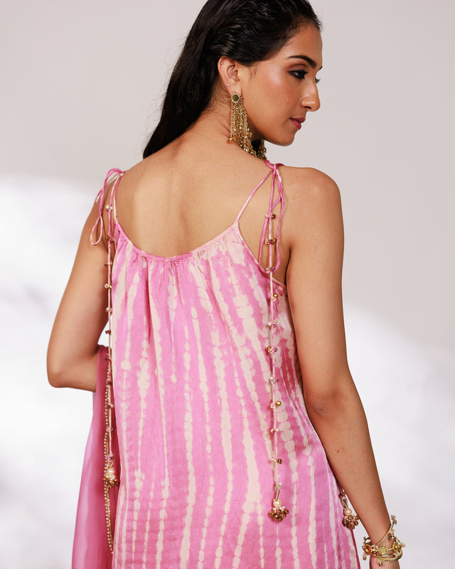 Reya Suit Set - Blush Pink Wine Ombre Tie Up Suit Set with Dupatta
