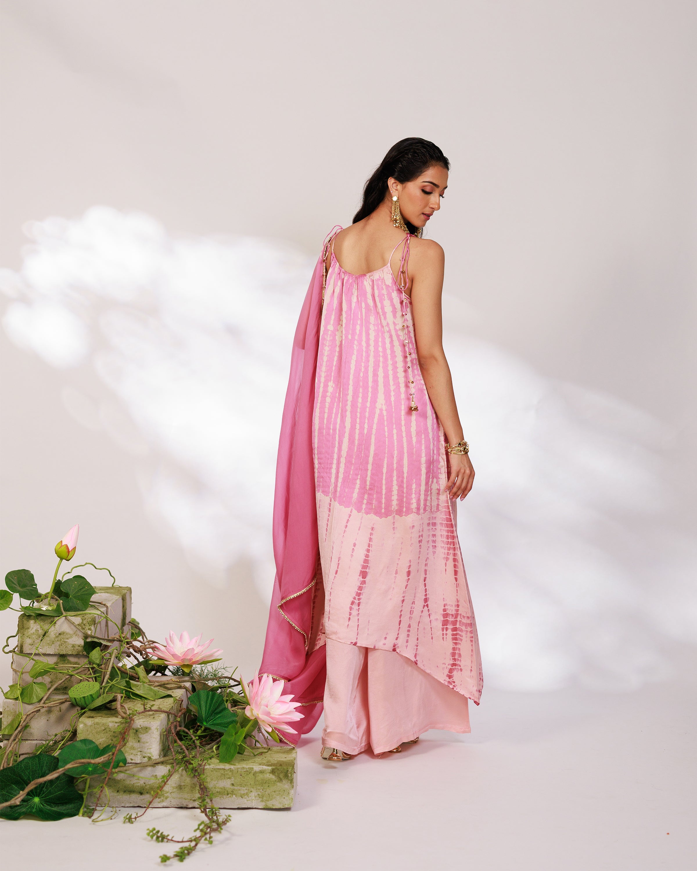 Reya Suit Set - Blush Pink Wine Ombre Tie Up Suit Set with Dupatta