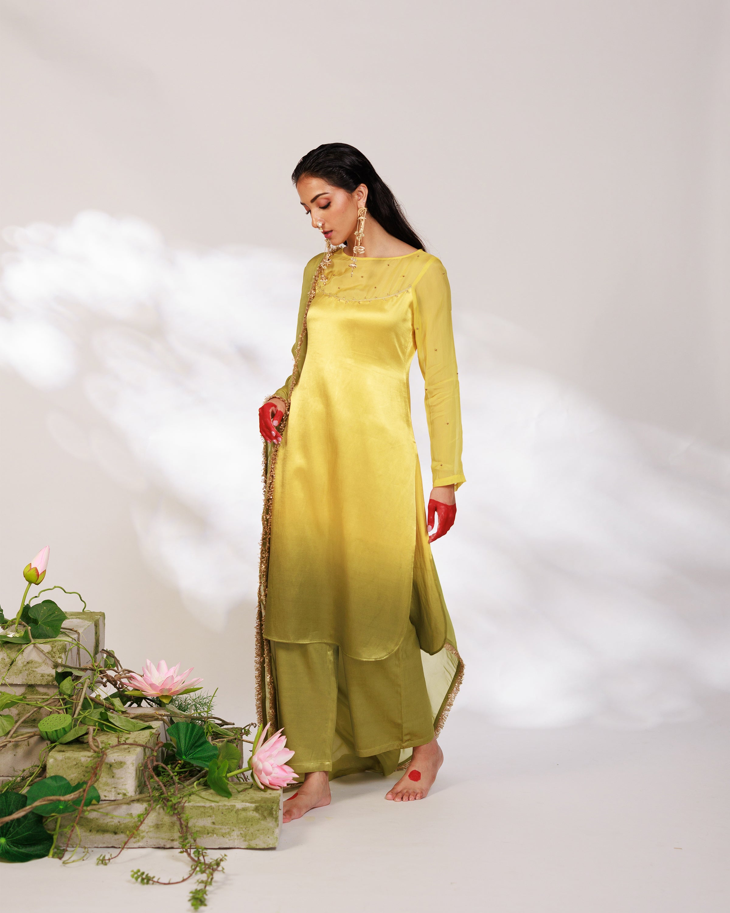 Saiee Suit Set - Golden Green Hand Ombre Mashru Silk Straight Suit Set With Dupatta