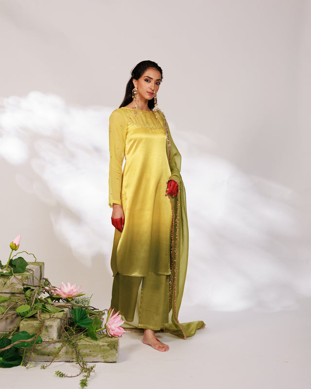 Saiee Suit Set - Golden Green Hand Ombre Mashru Silk Straight Suit Set With Dupatta