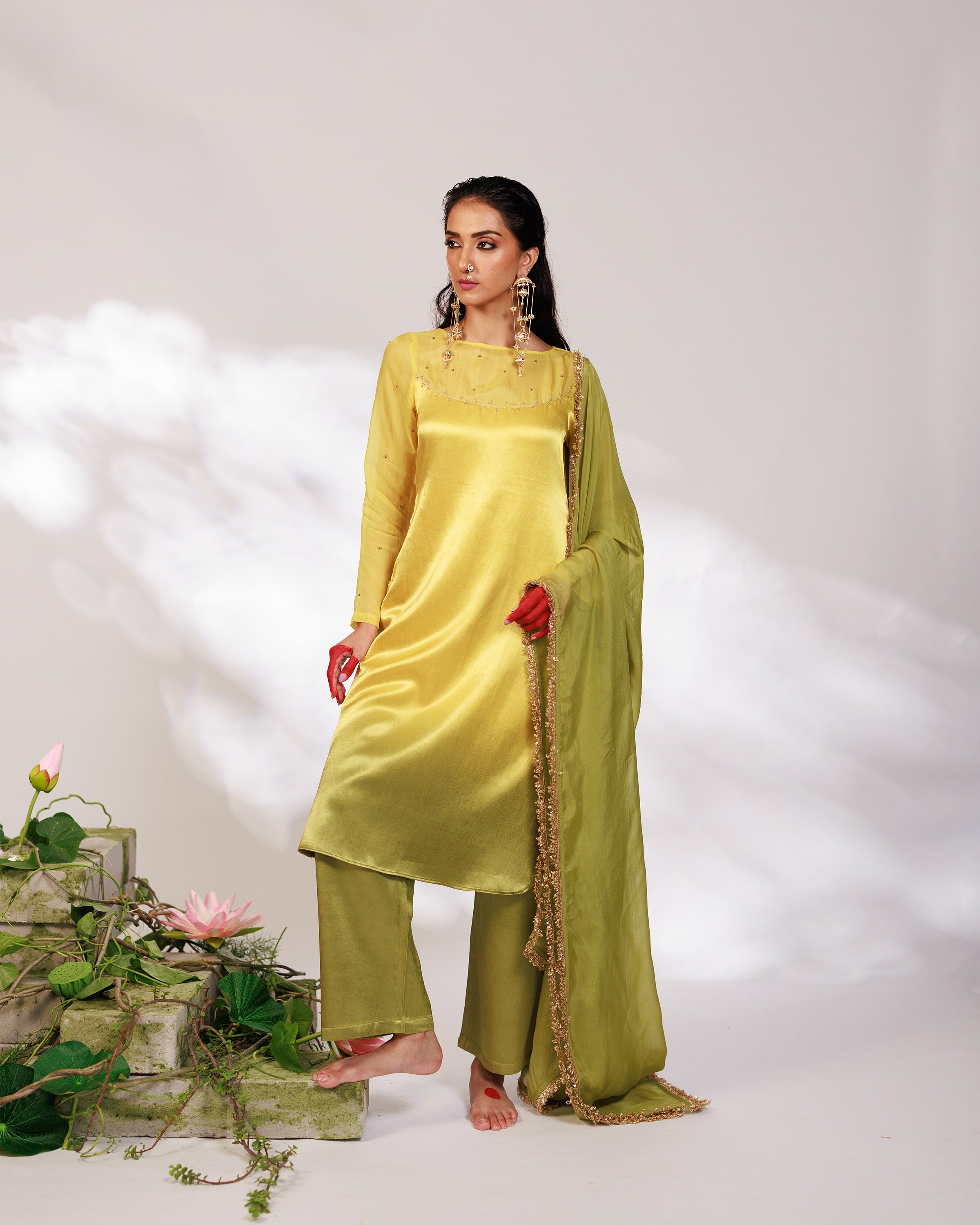 Saiee Suit Set - Golden Green Hand Ombre Mashru Silk Straight Suit Set With Dupatta