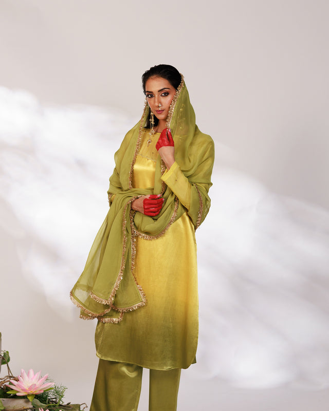 Saiee Suit Set - Golden Green Hand Ombre Mashru Silk Straight Suit Set With Dupatta