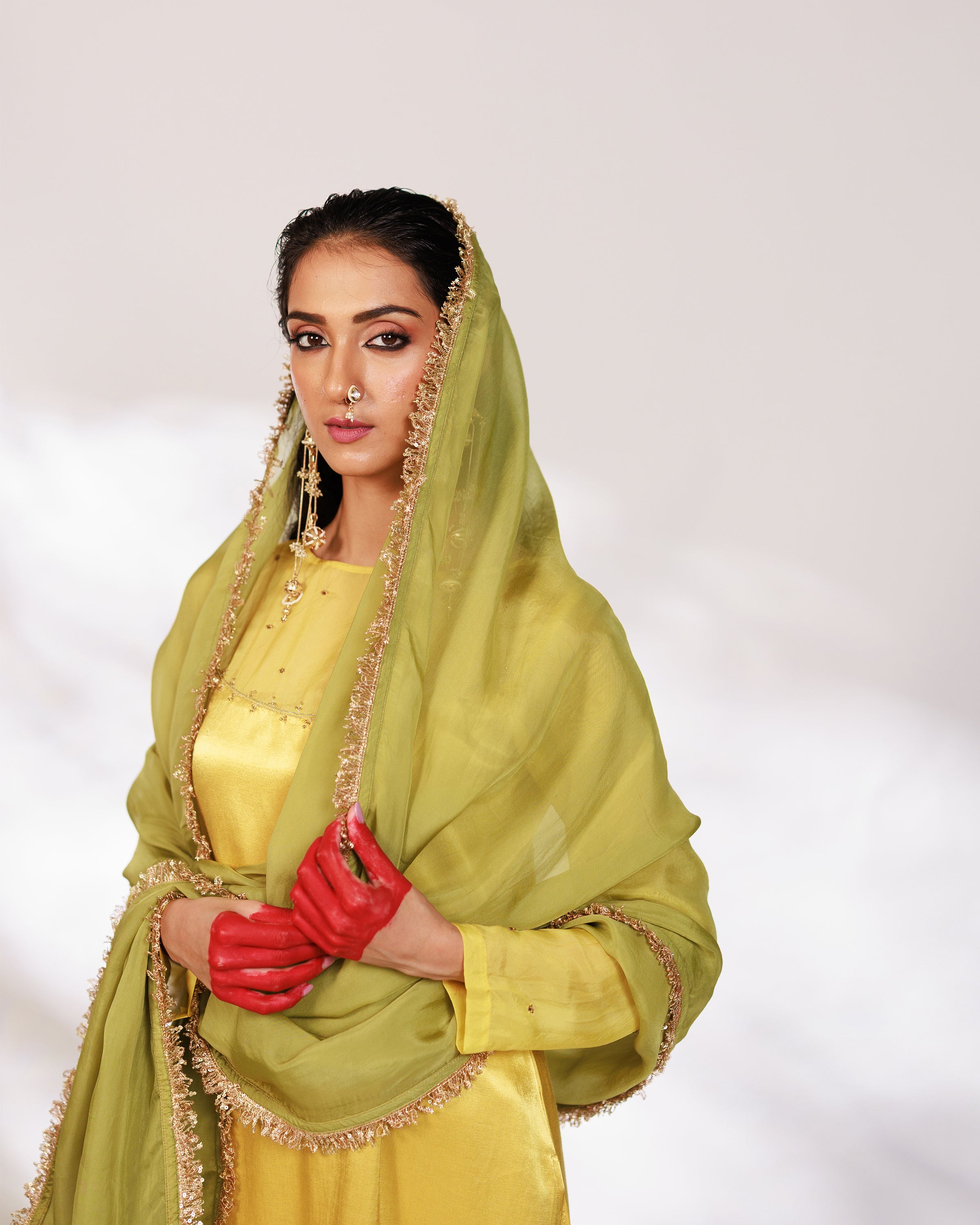 Saiee Suit Set - Golden Green Hand Ombre Mashru Silk Straight Suit Set With Dupatta
