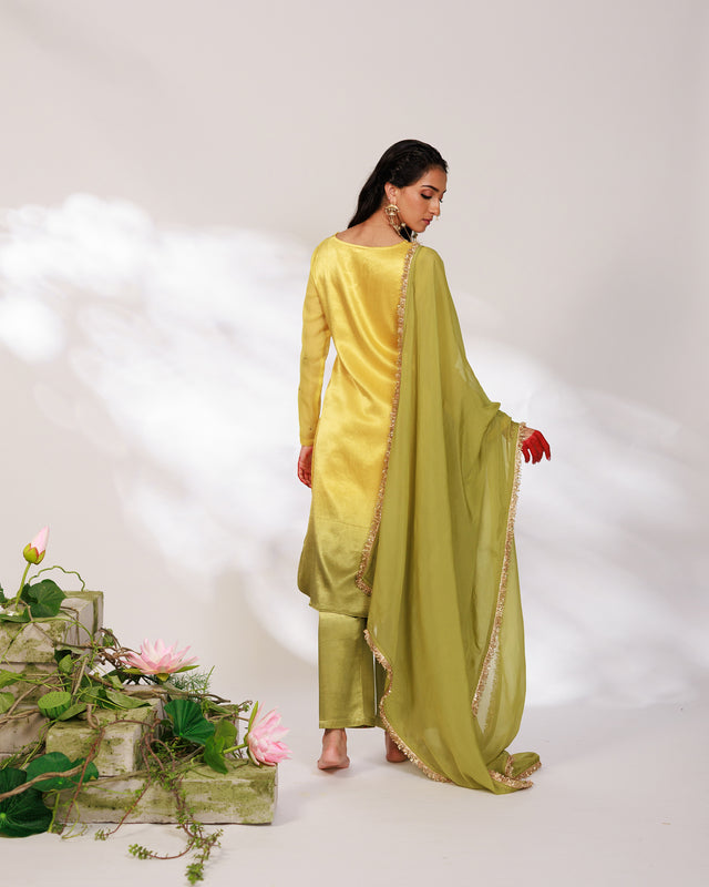Saiee Suit Set - Golden Green Hand Ombre Mashru Silk Straight Suit Set With Dupatta