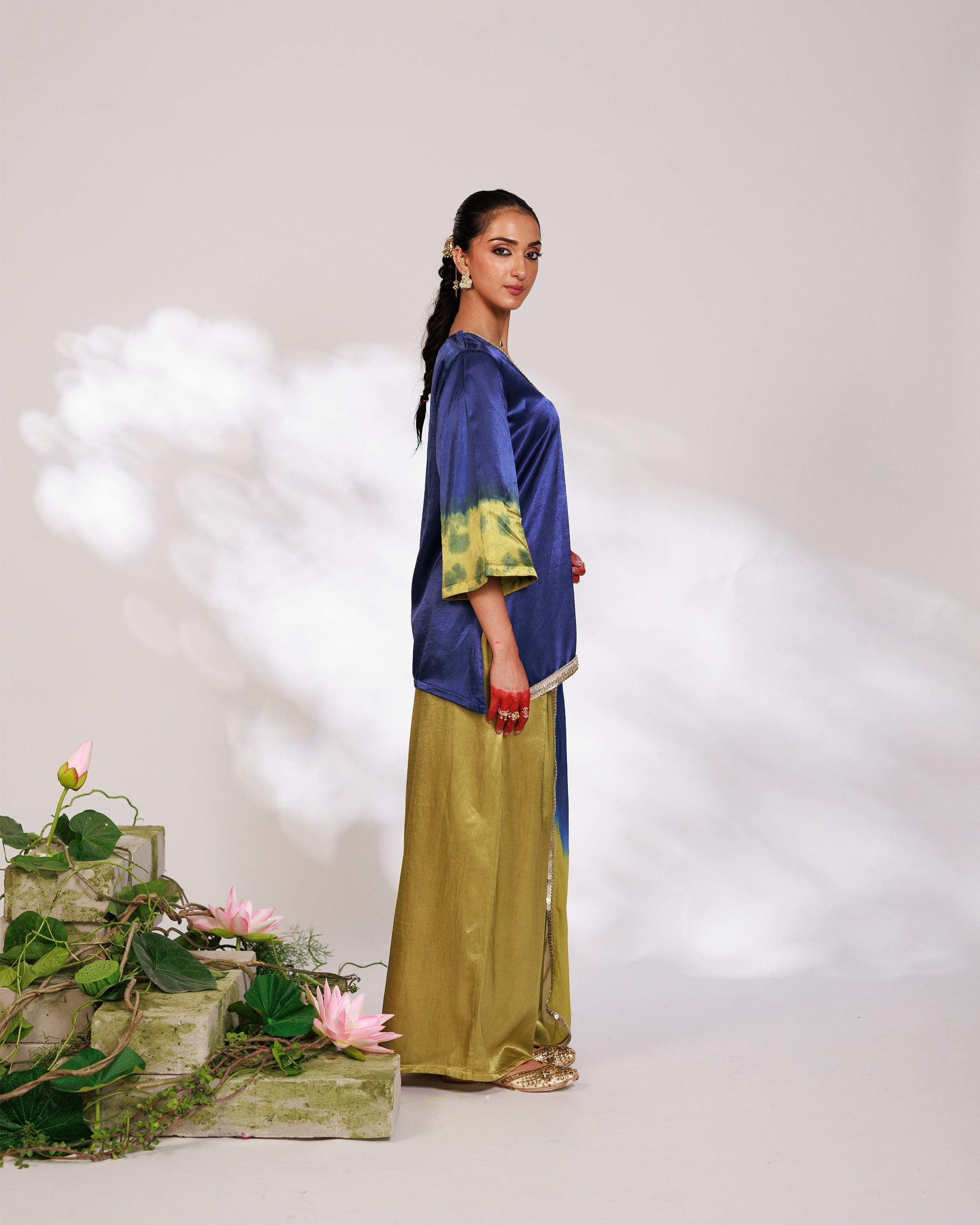 Samara Suit Set - Indigo and Bright Green Mashru Silk Suit Set with Dupatta