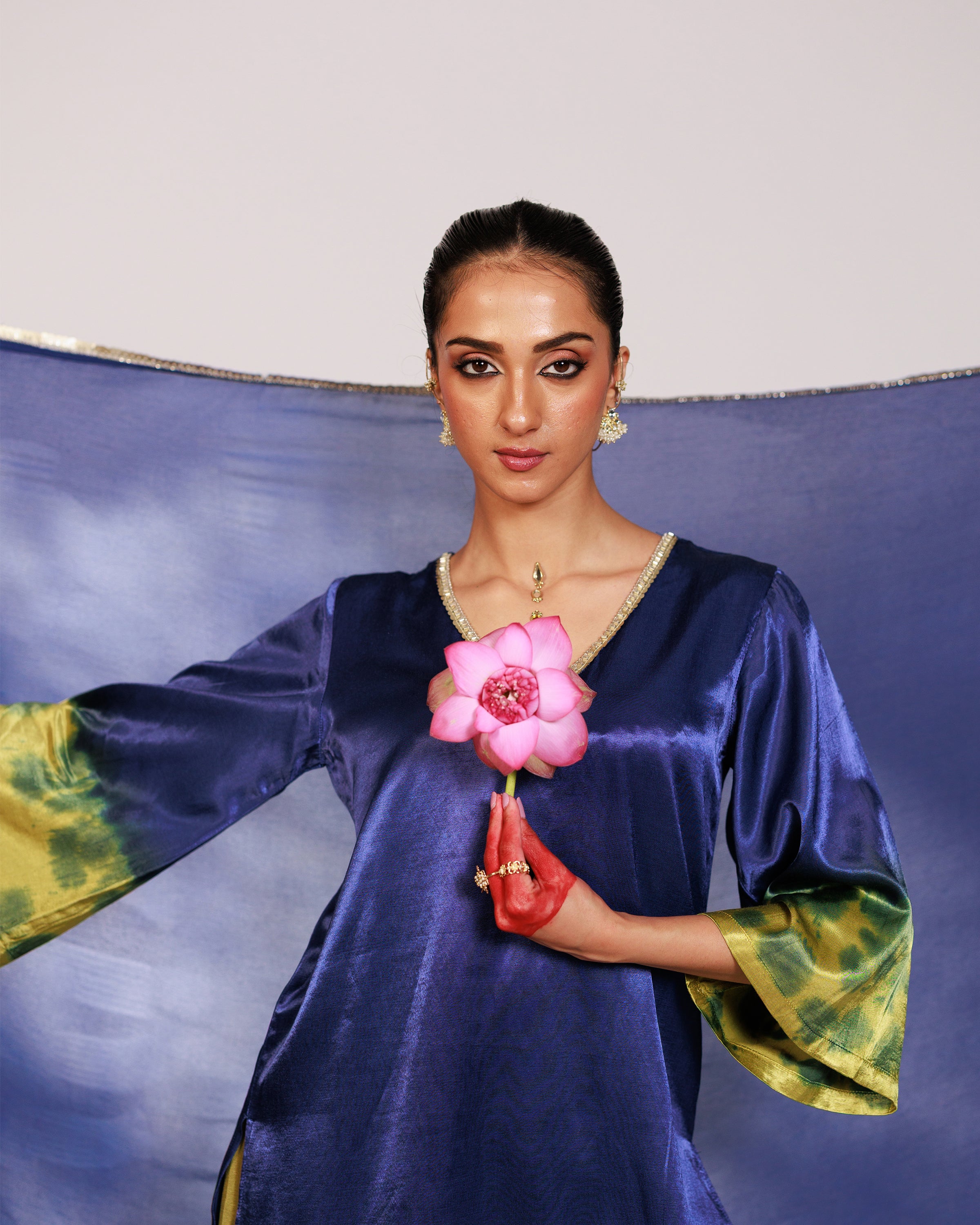 Samara Suit Set - Indigo and Bright Green Mashru Silk Suit Set with Dupatta