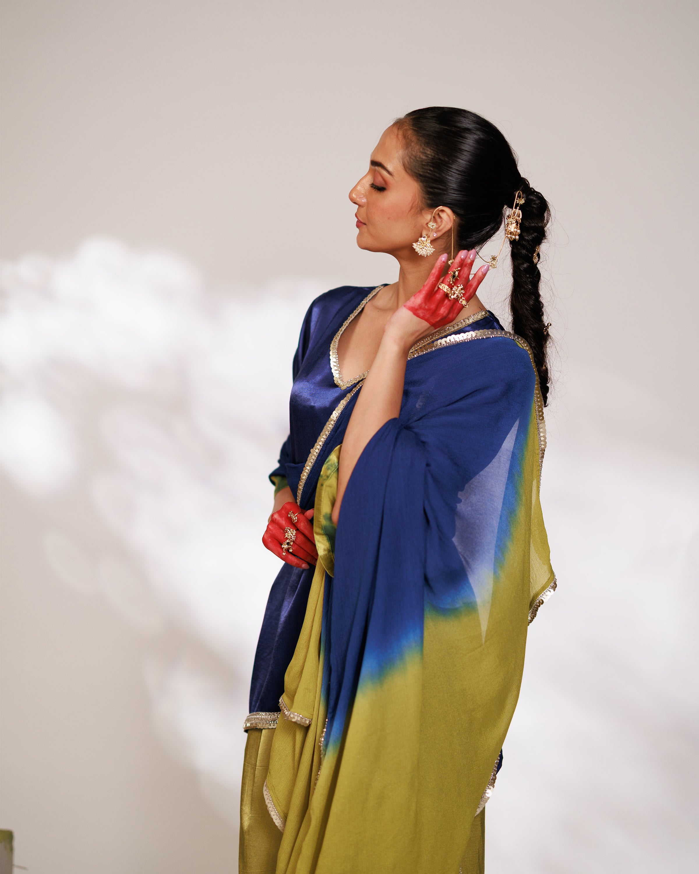 Samara Suit Set - Indigo and Bright Green Mashru Silk Suit Set with Dupatta