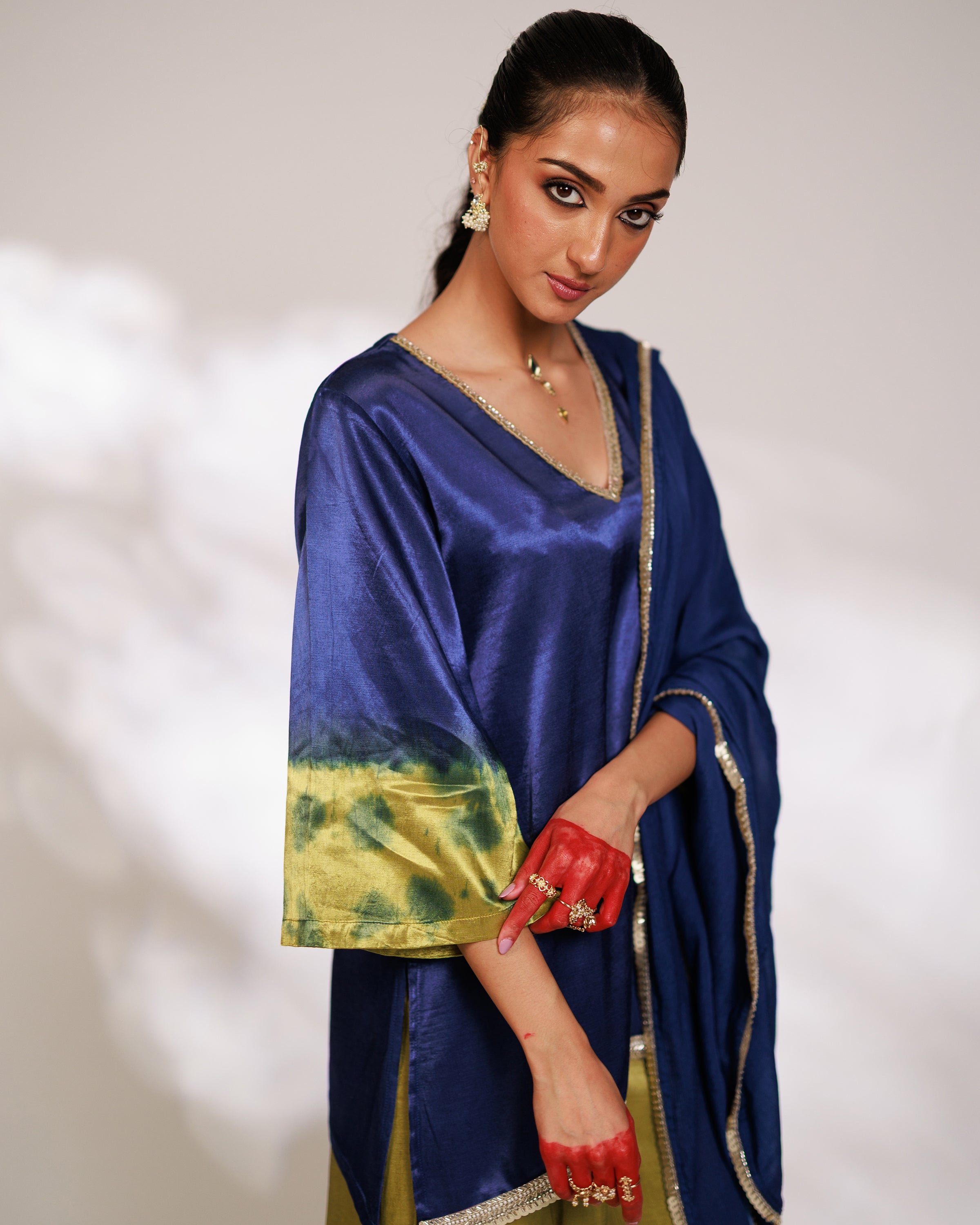 Samara Suit Set - Indigo and Bright Green Mashru Silk Suit Set with Dupatta