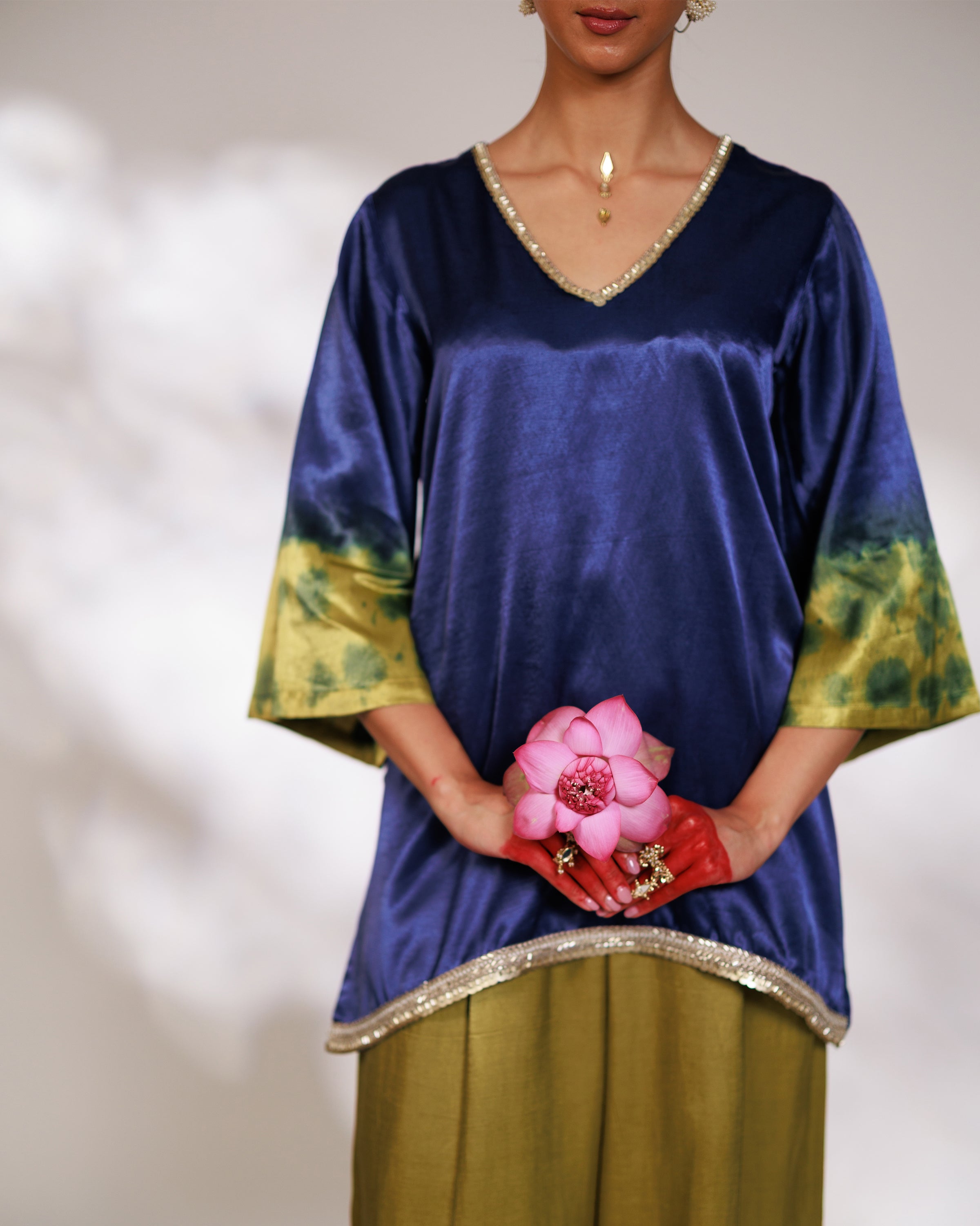 Samara Suit Set - Indigo and Bright Green Mashru Silk Suit Set with Dupatta