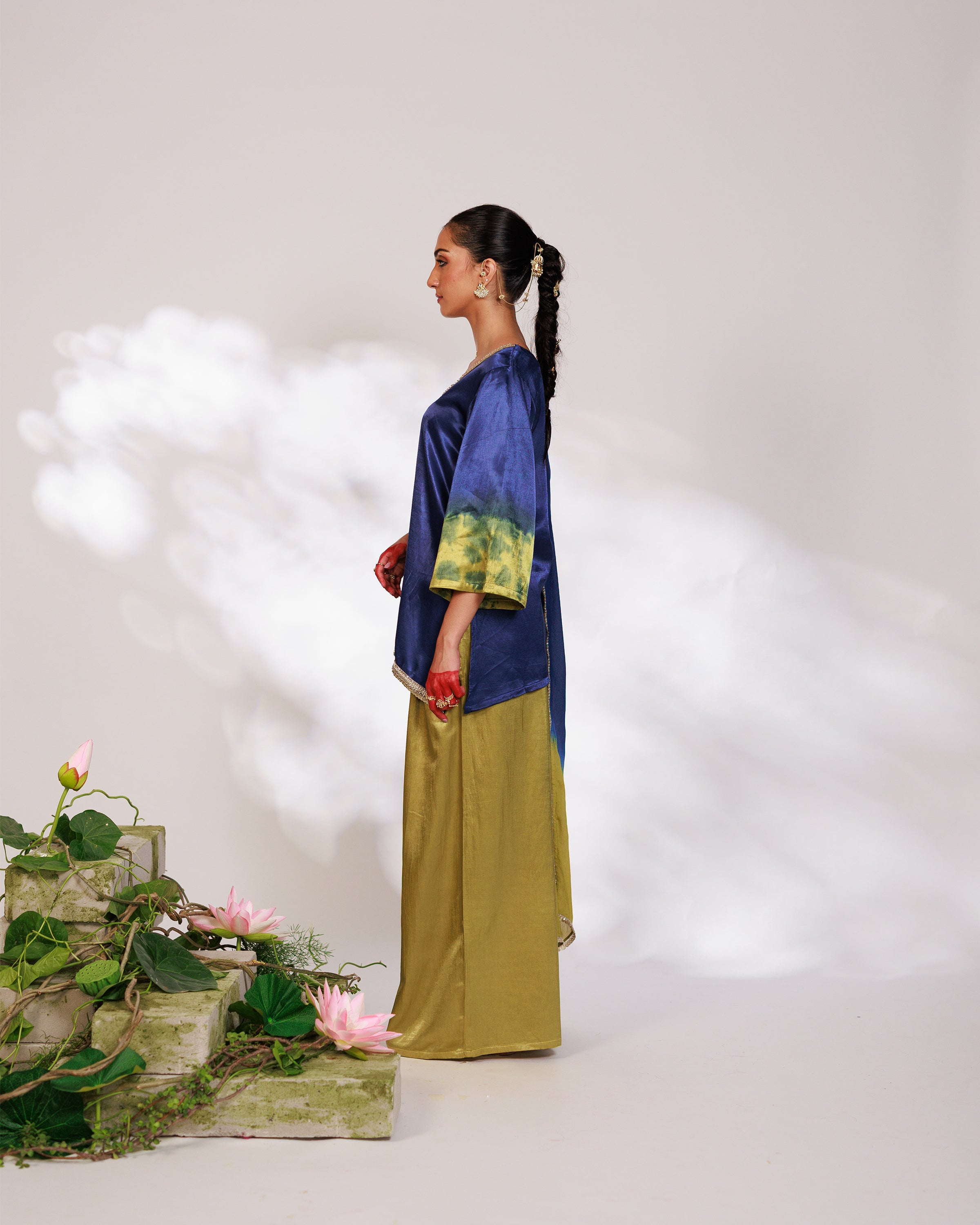 Samara Suit Set - Indigo and Bright Green Mashru Silk Suit Set with Dupatta