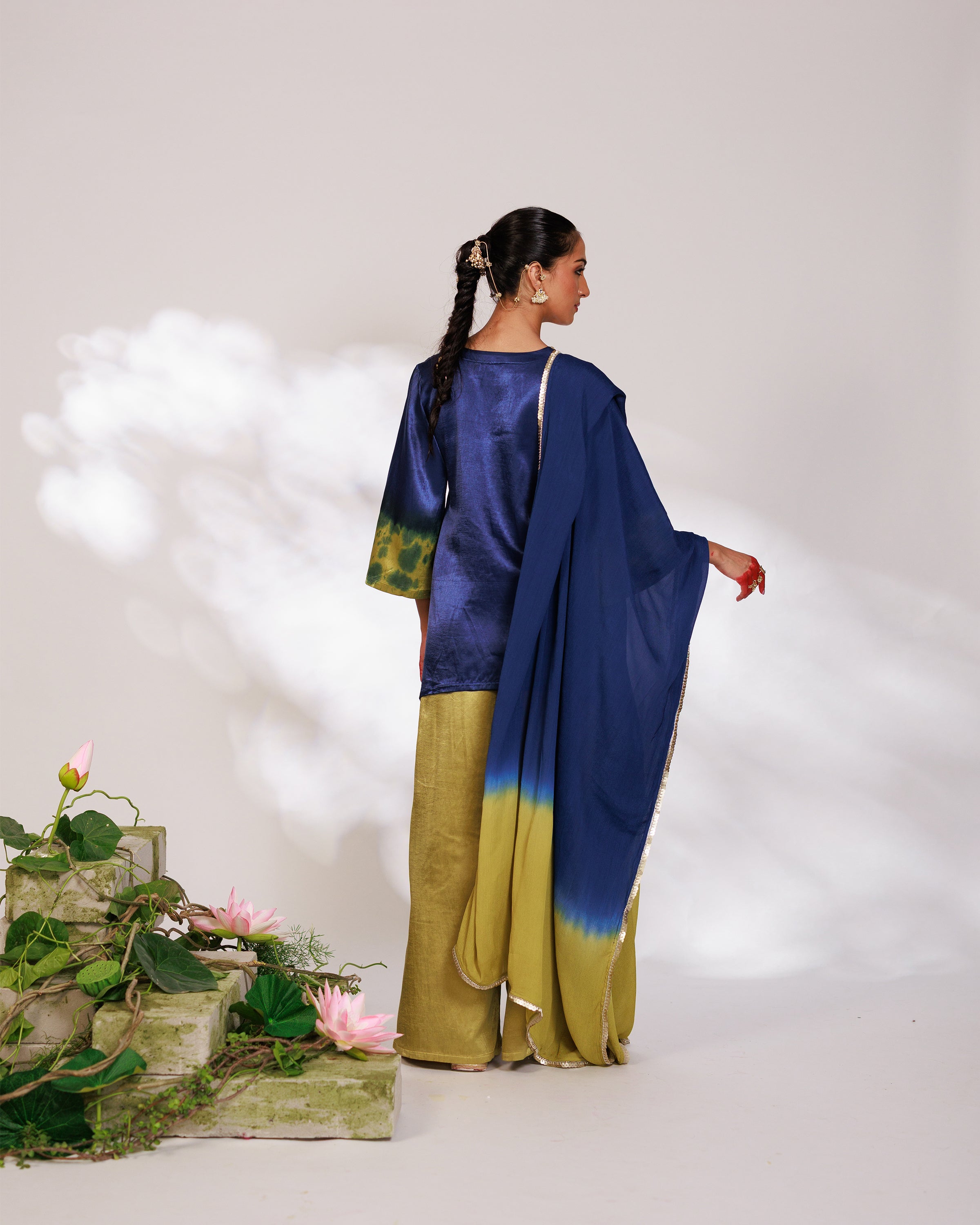 Samara Suit Set - Indigo and Bright Green Mashru Silk Suit Set with Dupatta