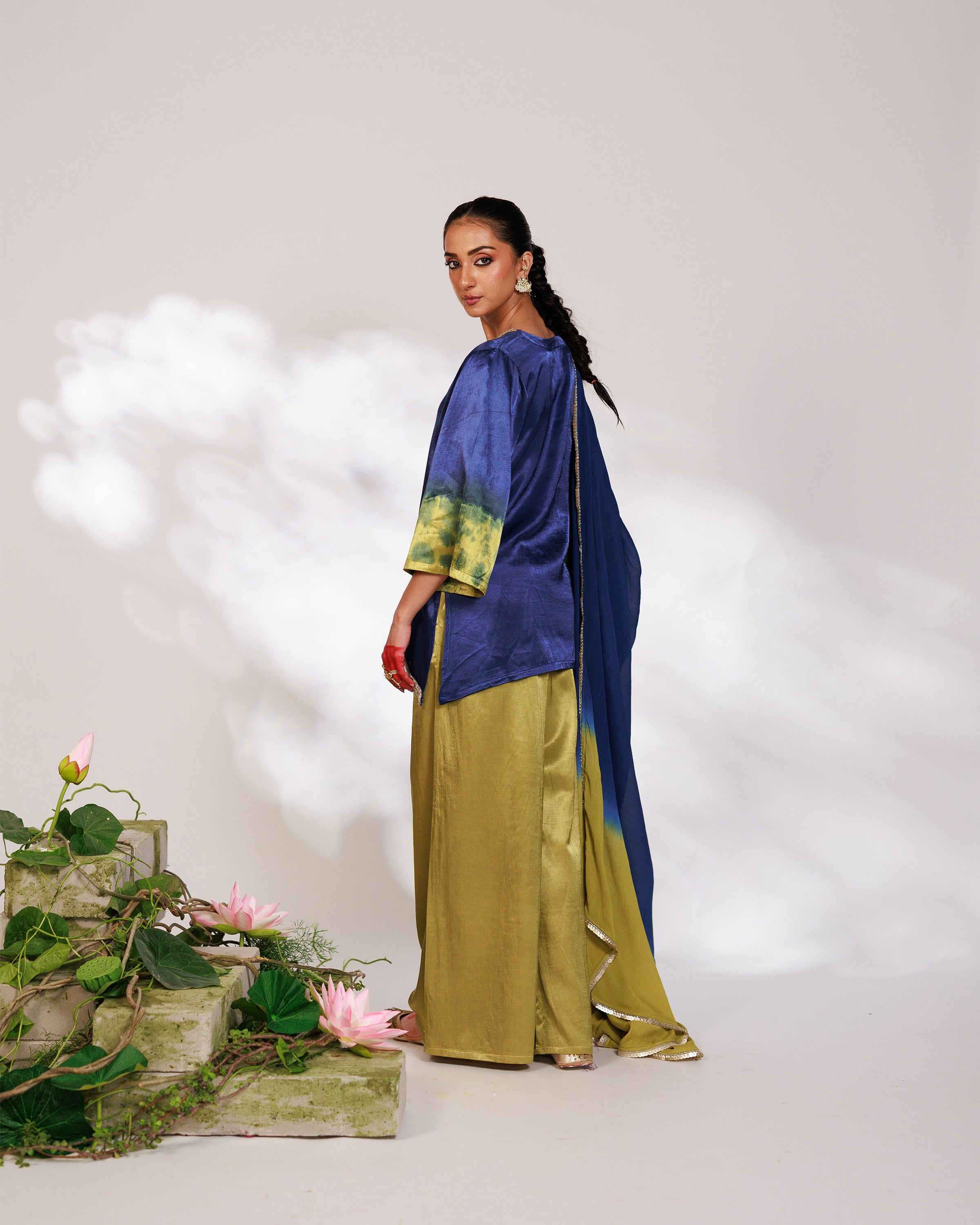 Samara Suit Set - Indigo and Bright Green Mashru Silk Suit Set with Dupatta
