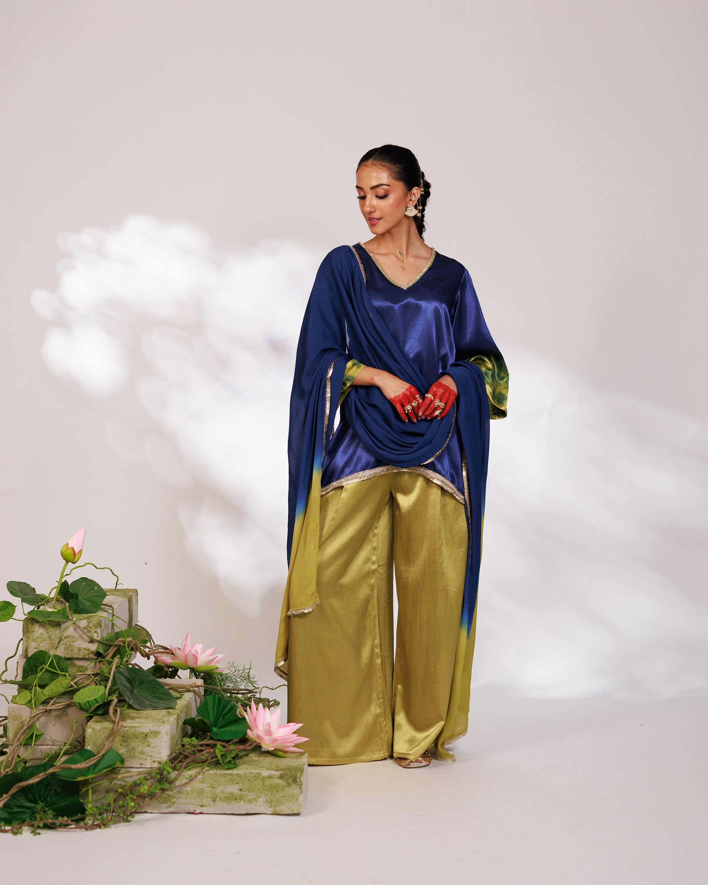 Samara Suit Set - Indigo and Bright Green Mashru Silk Suit Set with Dupatta