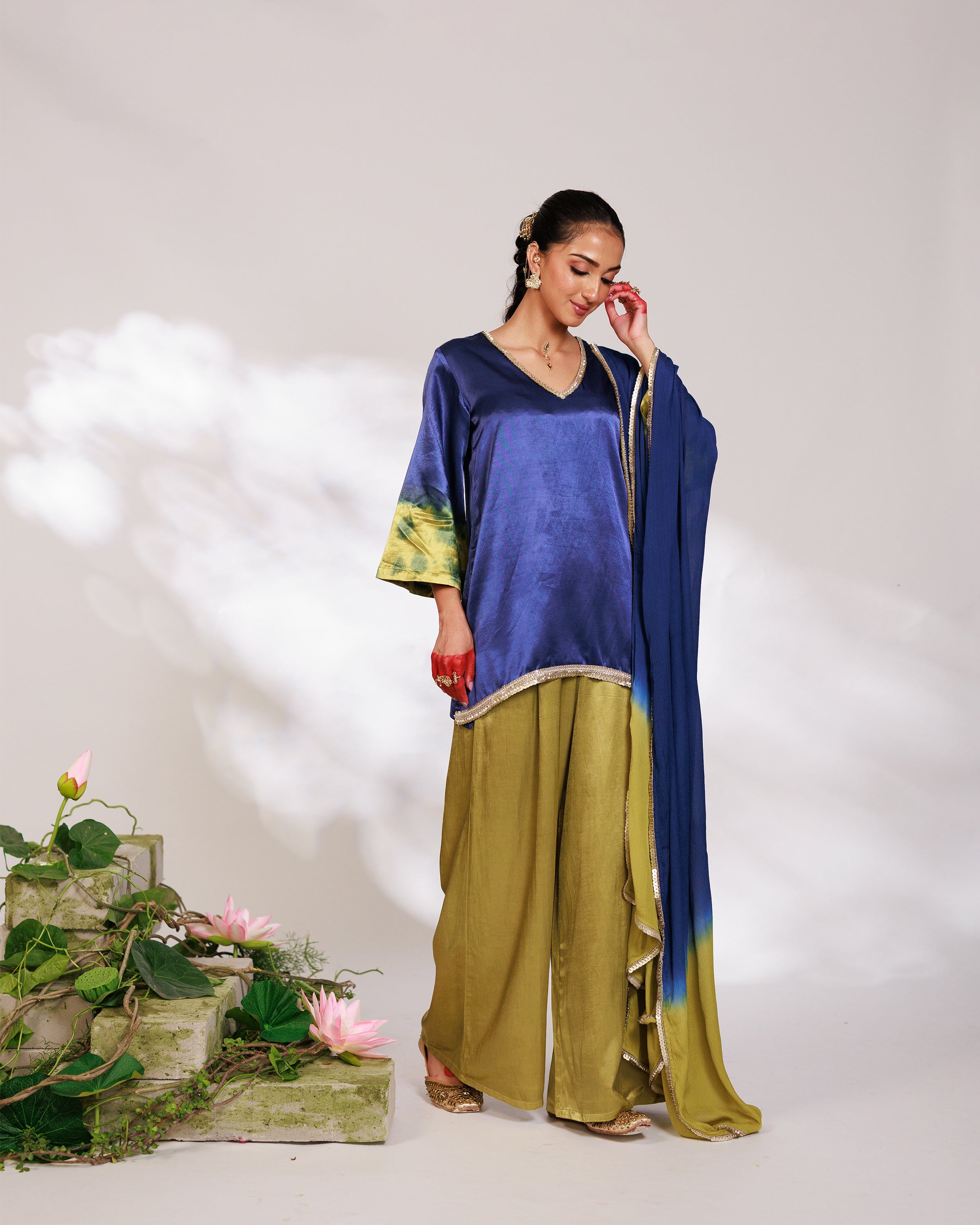 Samara Suit Set - Indigo and Bright Green Mashru Silk Suit Set with Dupatta