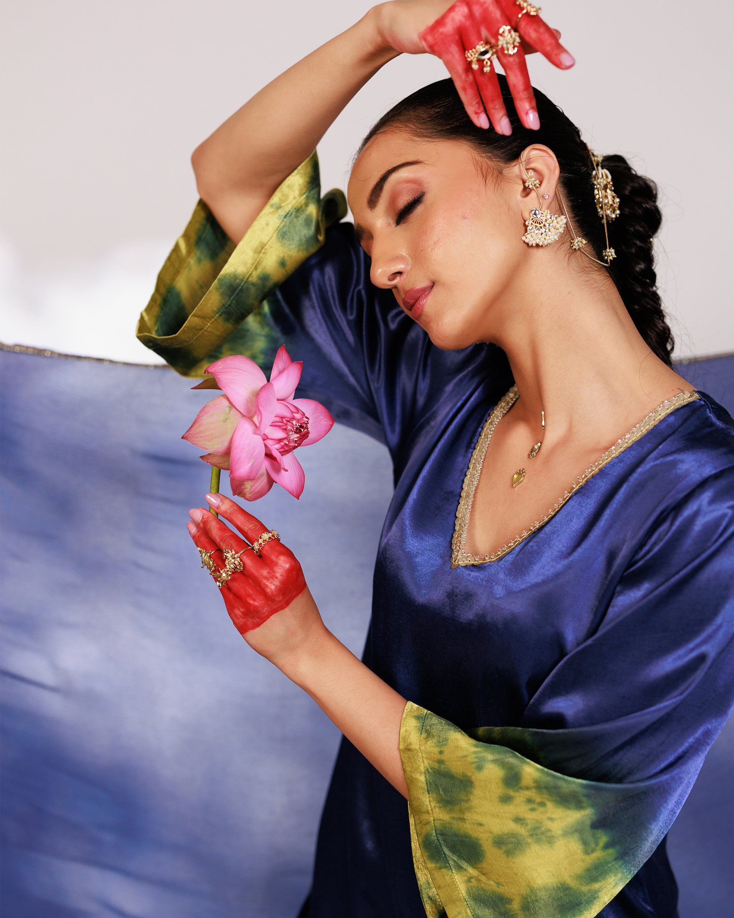 Samara Suit Set - Indigo and Bright Green Mashru Silk Suit Set with Dupatta