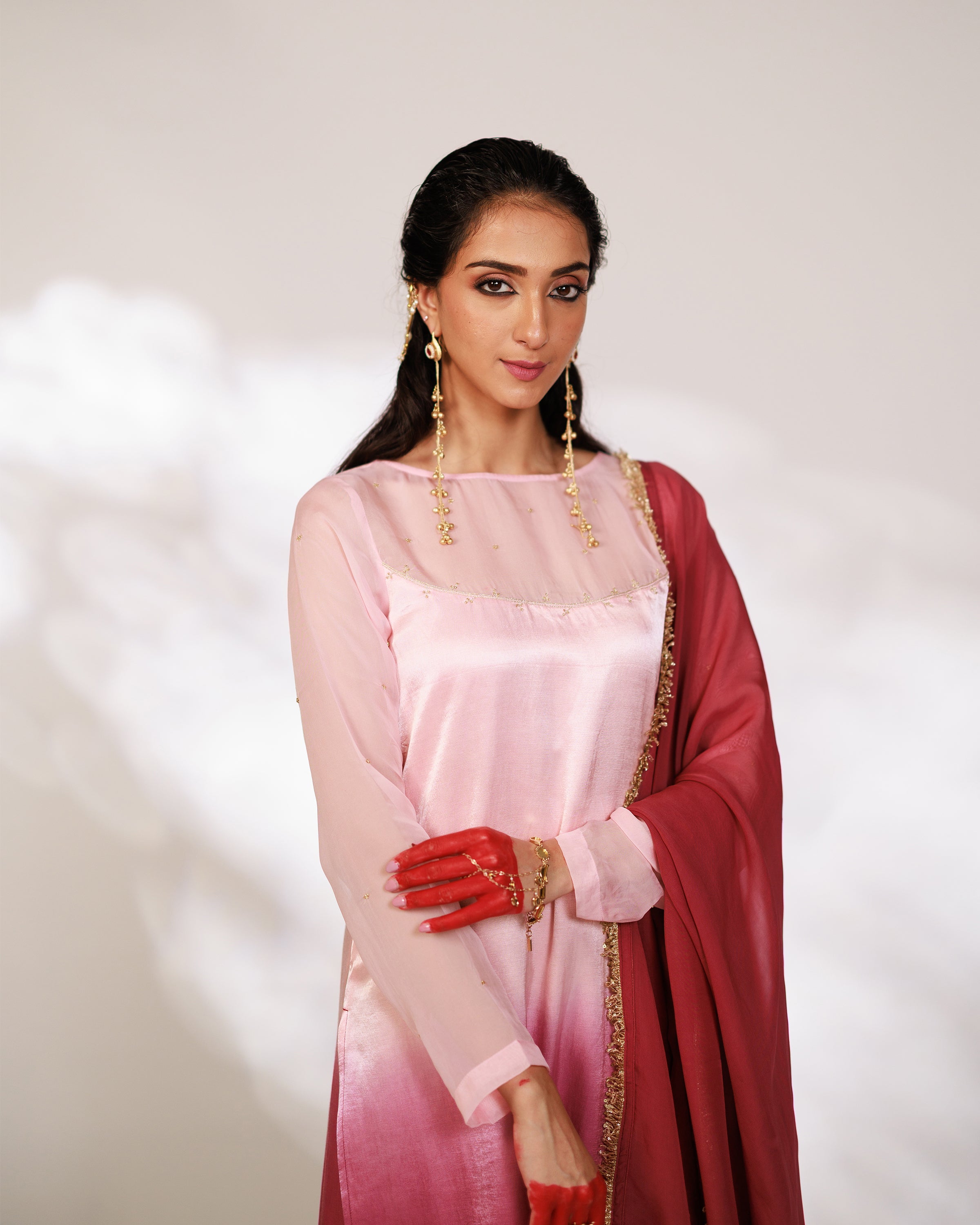 Sana Suit Set - Pink Wine Ombre Mashru Silk Straight Suit Set with Dupatta