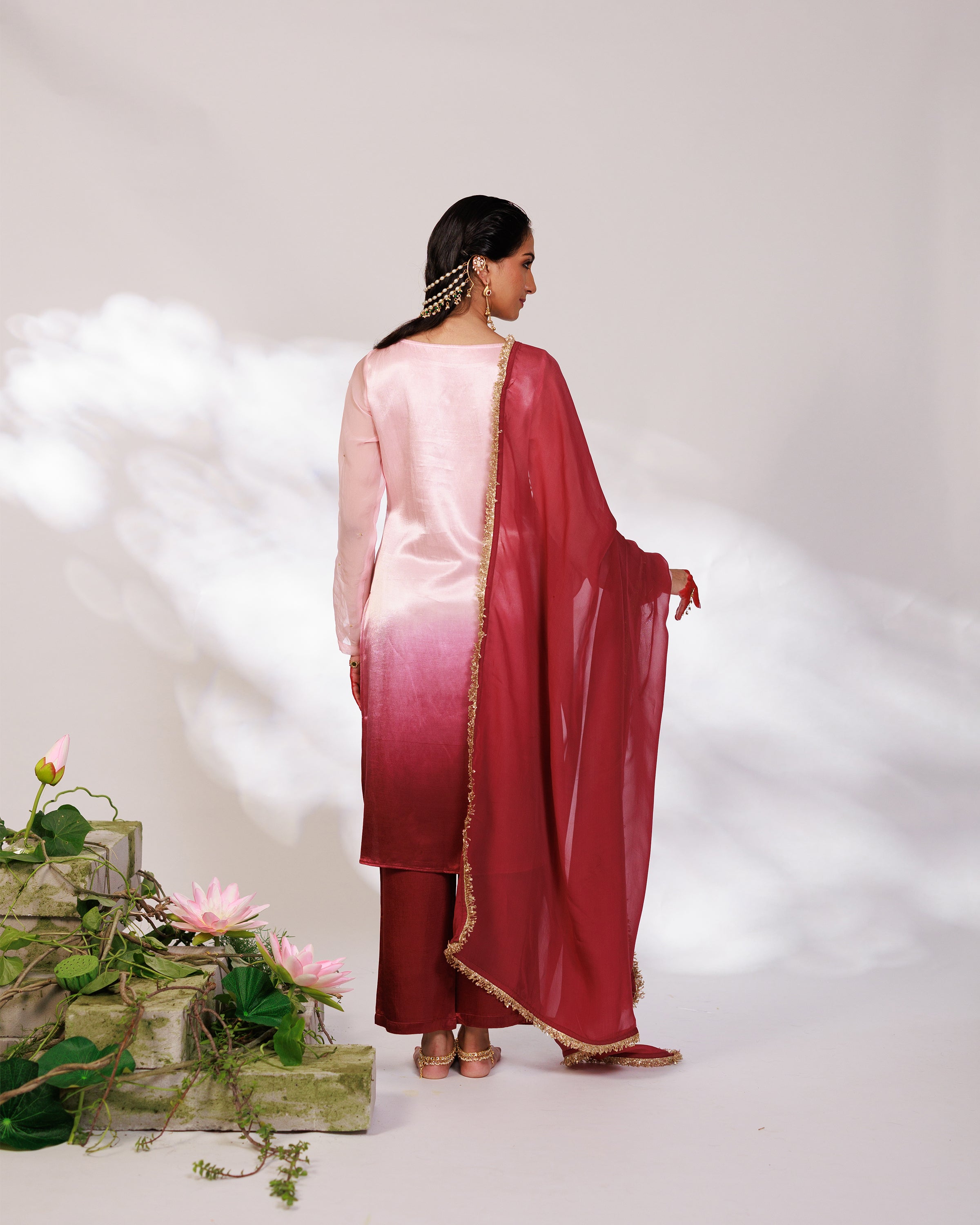 Sana Suit Set - Pink Wine Ombre Mashru Silk Straight Suit Set with Dupatta