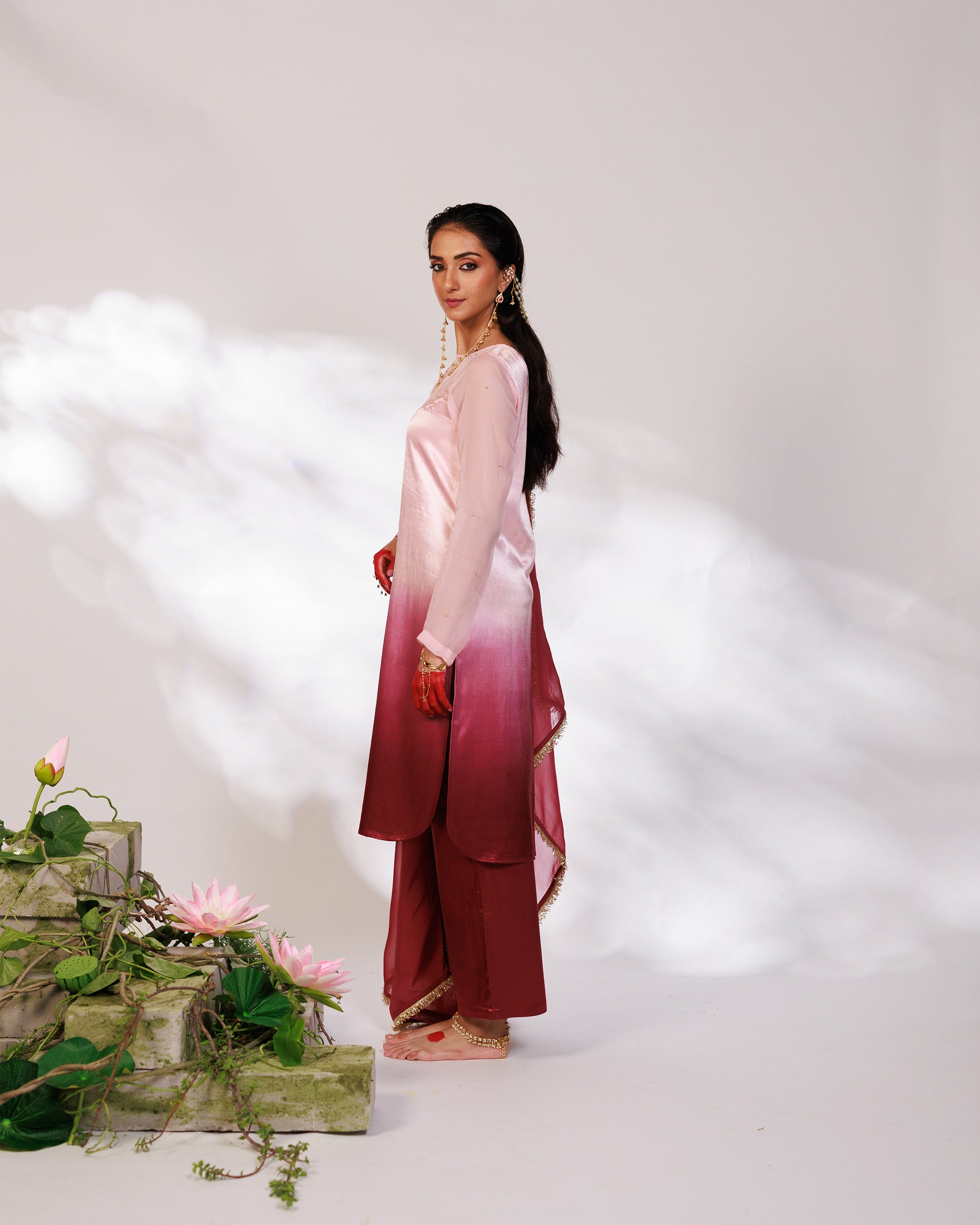 Sana Suit Set - Pink Wine Ombre Mashru Silk Straight Suit Set with Dupatta