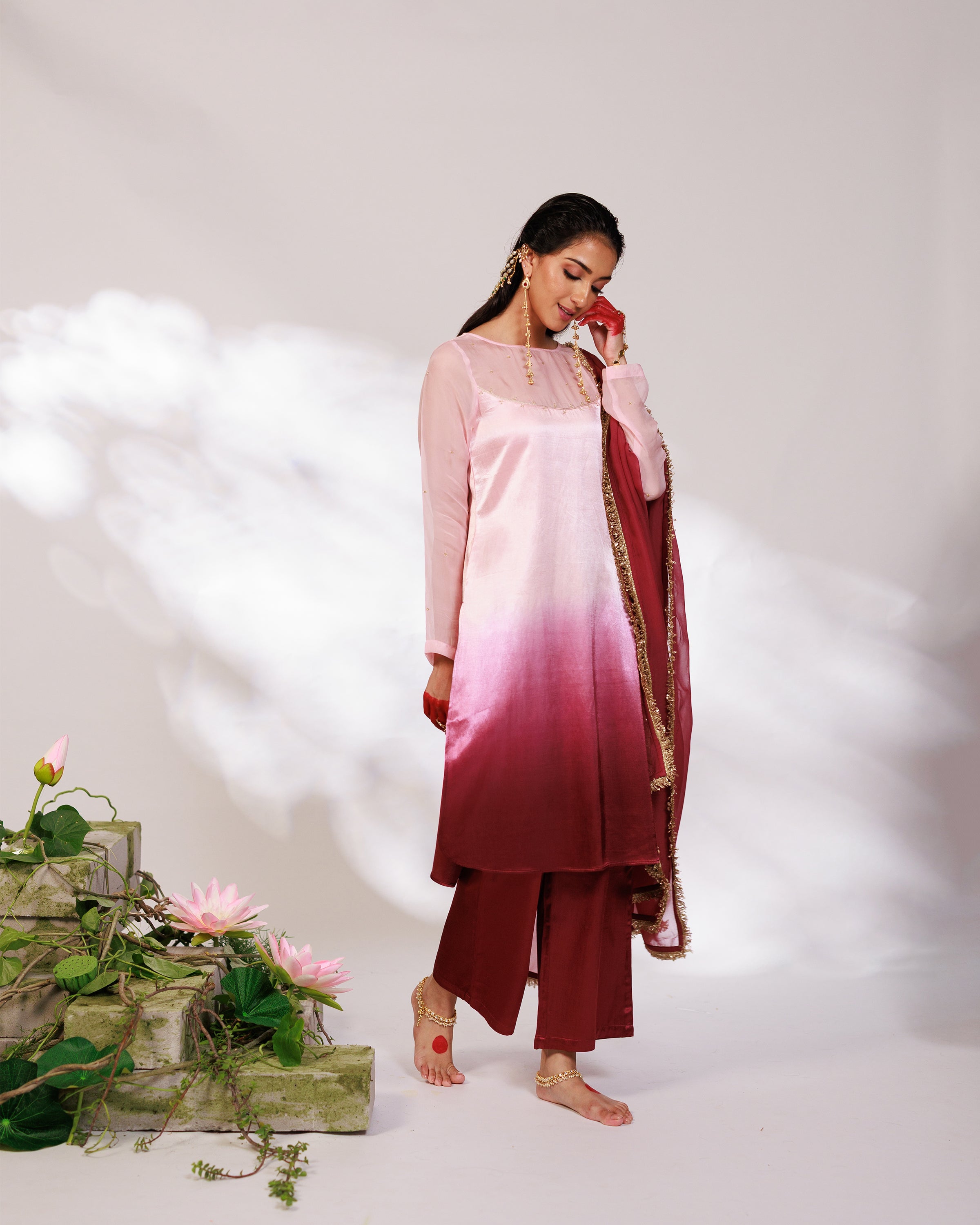 Sana Suit Set - Pink Wine Ombre Mashru Silk Straight Suit Set with Dupatta