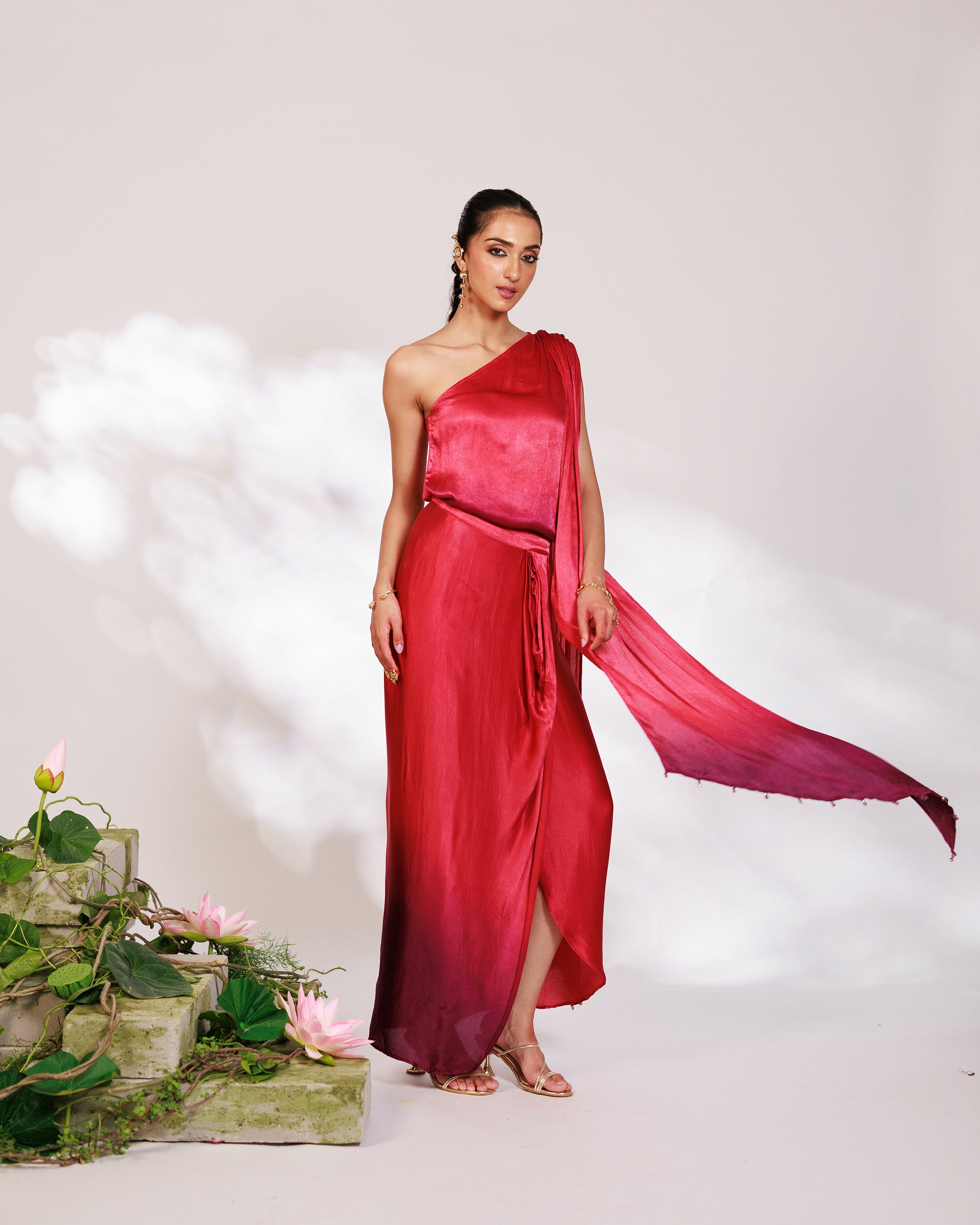 Sora Dress - Red Plum Ombre Draped Golden Silk Skirt Set