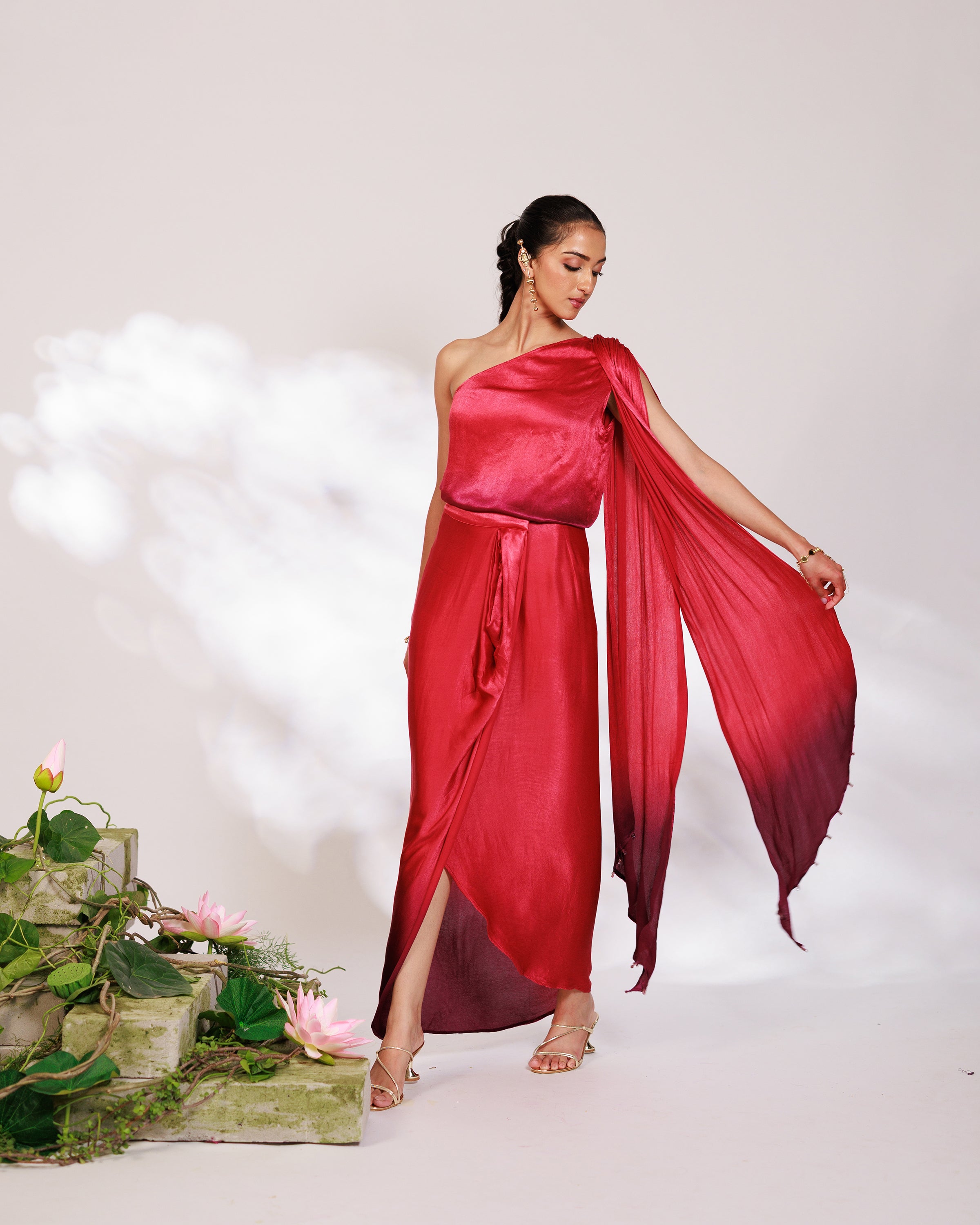Sora Dress - Red Plum Ombre Draped Golden Silk Skirt Set